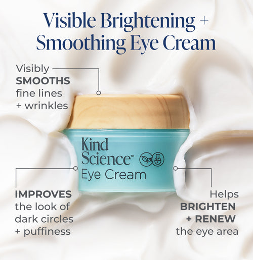 Kind Science eye cream jar with text highlighting its benefits on a swatch of the product