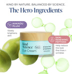 Kind Science Eye Cream jar with hero ingredients text and graphics for Kakadu Plum and Skin-Renewing Peptides on a white background