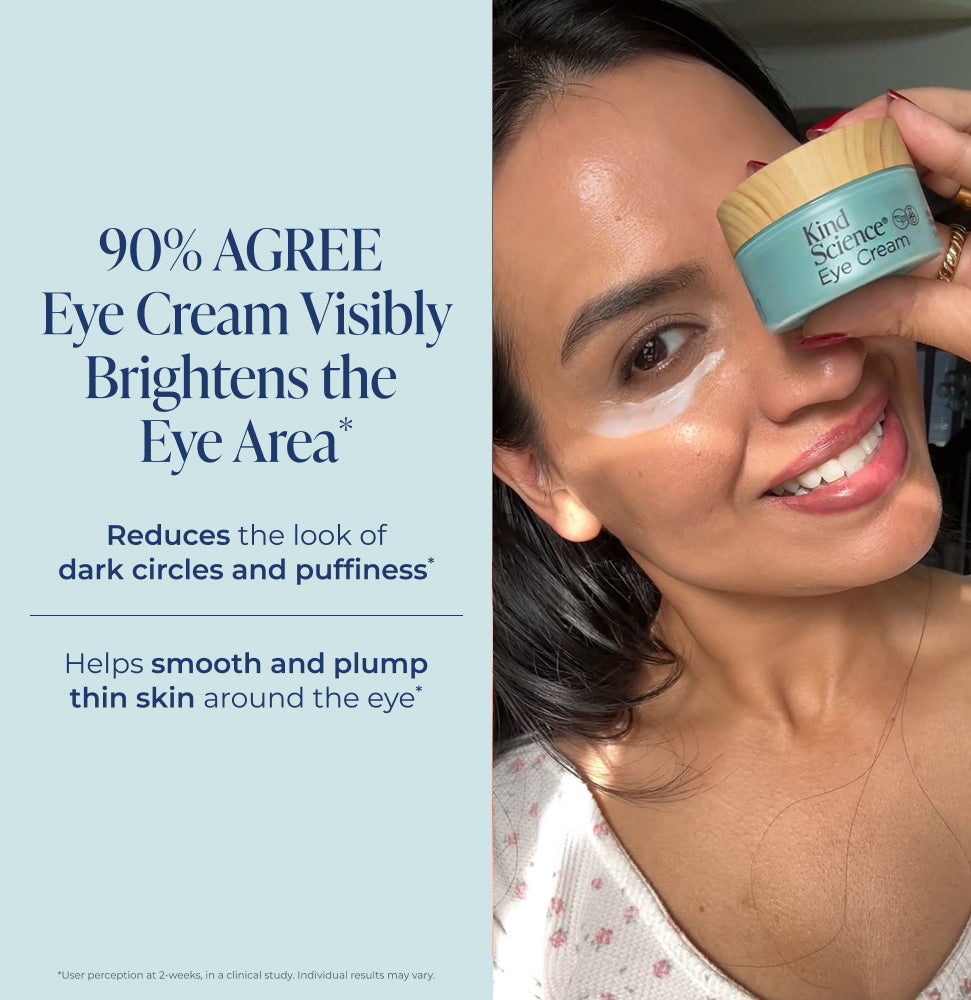 Woman applying eye cream with text about eye cream benefits on a light blue background