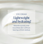 Eye cream with text highlighting its lightweight and hydrating properties on a swatch of the product