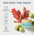 Kind Science Eye Cream jar with green fruits and red plant on a white background, featuring cruelty-free and natural product attributes.