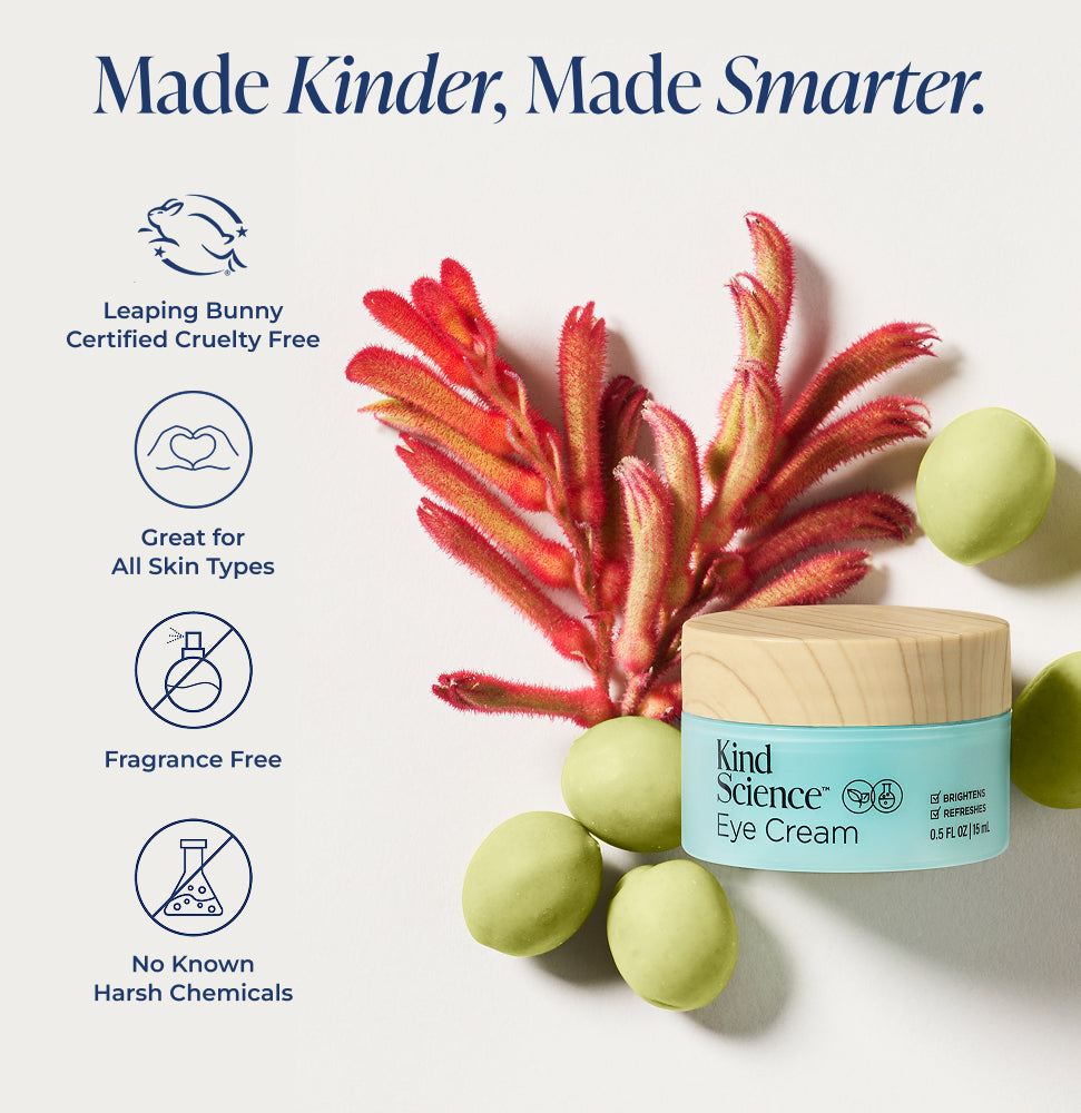 Kind Science Eye Cream jar with green fruits and red plant on a white background, featuring cruelty-free and natural product attributes.