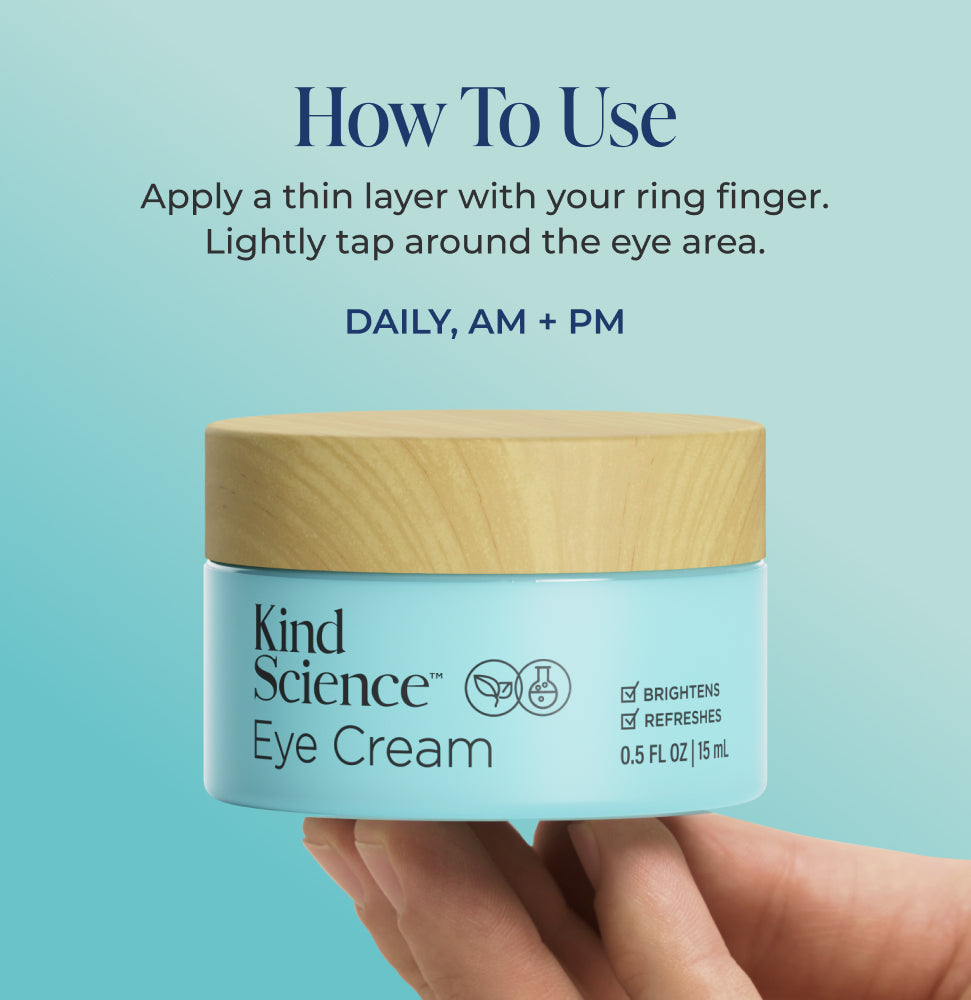 Kind Science Eye Cream jar with application instructions on a light blue background