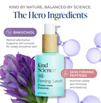 Kind Science Firming Serum with purple flowers and text about hero ingredients on a white background