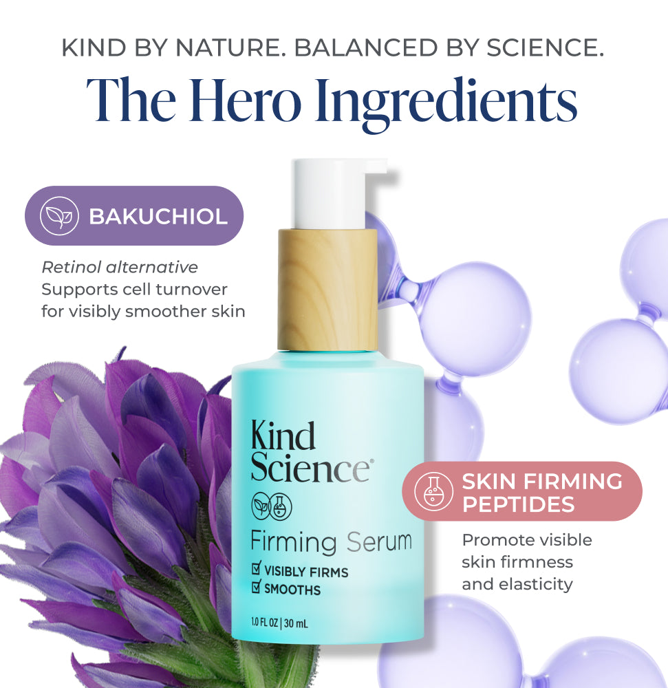 Kind Science Firming Serum with purple flowers and text about hero ingredients on a white background