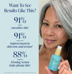 Woman holding a skincare serum bottle with text about skin improvement results.
