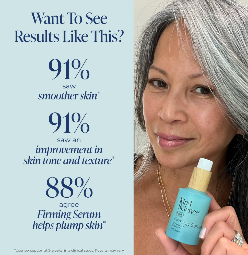 Woman holding a skincare serum bottle with text about skin improvement results.