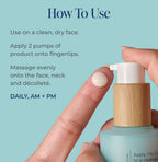 Hand holding a Firming Serum product with application instructions on a light blue background