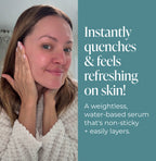 Woman applying serum to her face with text about the product's benefits.