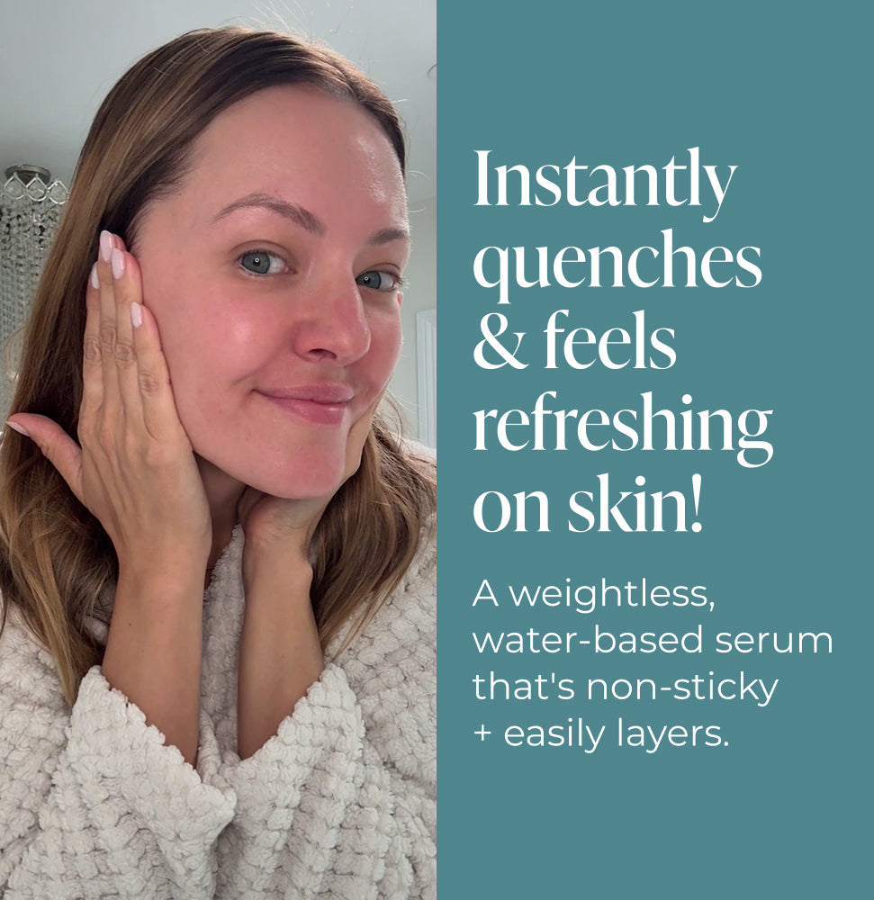 Woman applying serum to her face with text about the product's benefits.