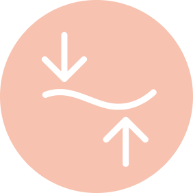 White icon of a face with arrows on a peach-colored circle to indicate firmness