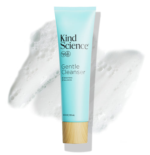 Kind Science Gentle Cleanser tube with a white background with a swatch of the product