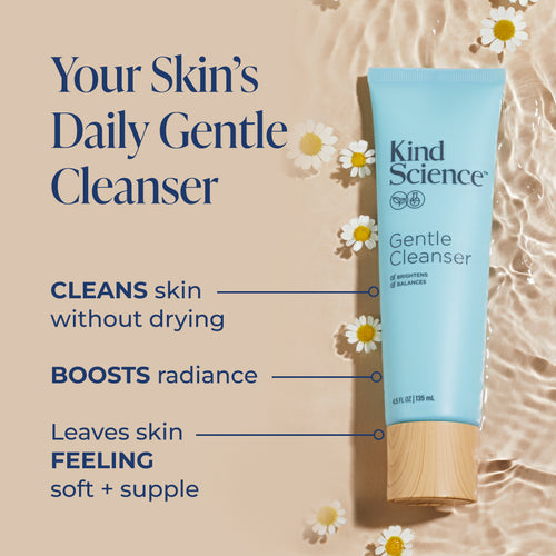Kind Science Gentle Cleanser tube with beach and daisy background