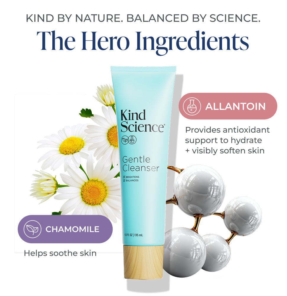 Kind Science Gentle Cleanser tube with chamomile flowers and allantoin text on a white background