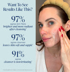 Woman applying cleanser with text showing product effectiveness