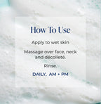 Instructions for using Gentle Cleanser product with a close-up of soap bubbles in the background.