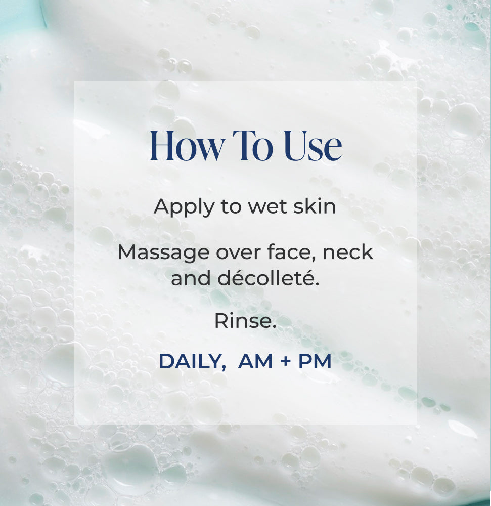 Instructions for using Gentle Cleanser product with a close-up of soap bubbles in the background.