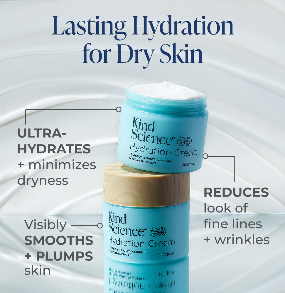 Two jars of Kind Science Hydration Cream with text highlighting its benefits on a light gray background.
