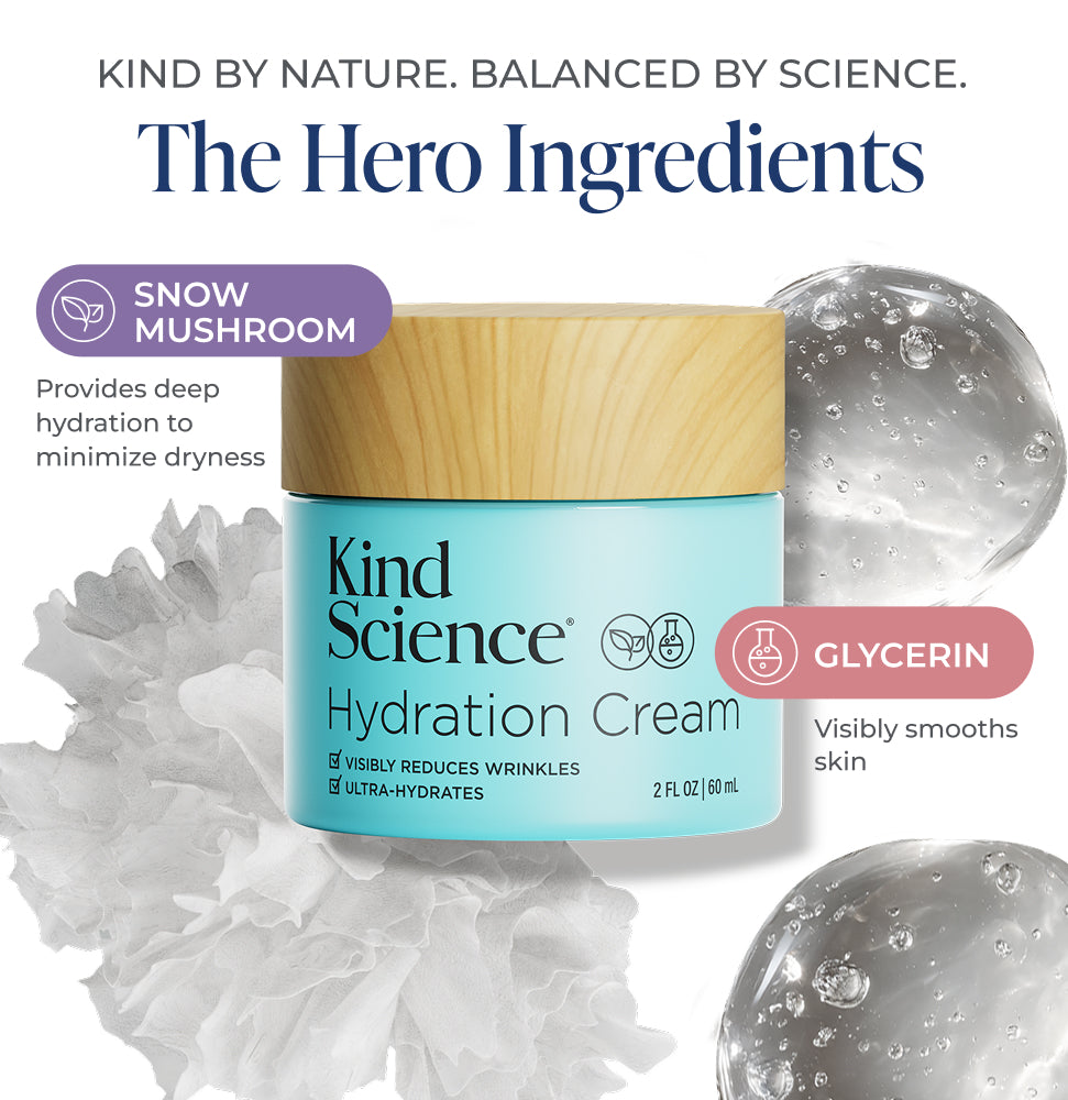Kind Science Hydration Cream with snow mushroom and glycerin text on a white background