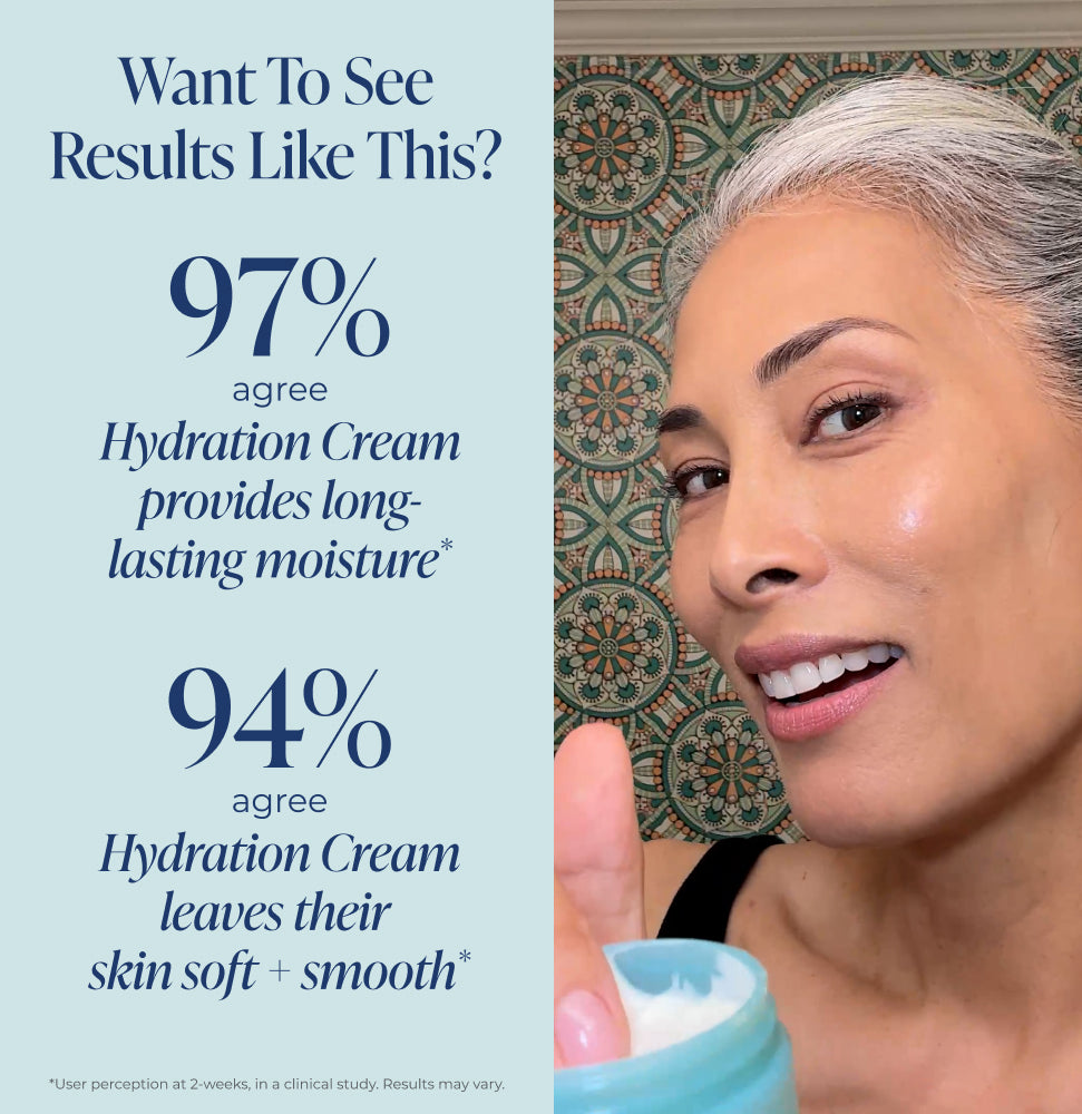Woman with moisturized skin holding a jar of cream, with text about hydration cream's effectiveness.