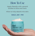 Kind Science Hydration Cream jar with application instructions on a light blue background