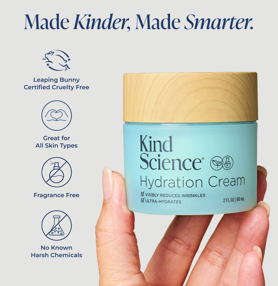 Kind Science Hydration Cream jar held by a hand with product features listed on a light gray background.