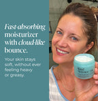 Woman holding a jar of Kind Science moisturizer with product description text on the left.