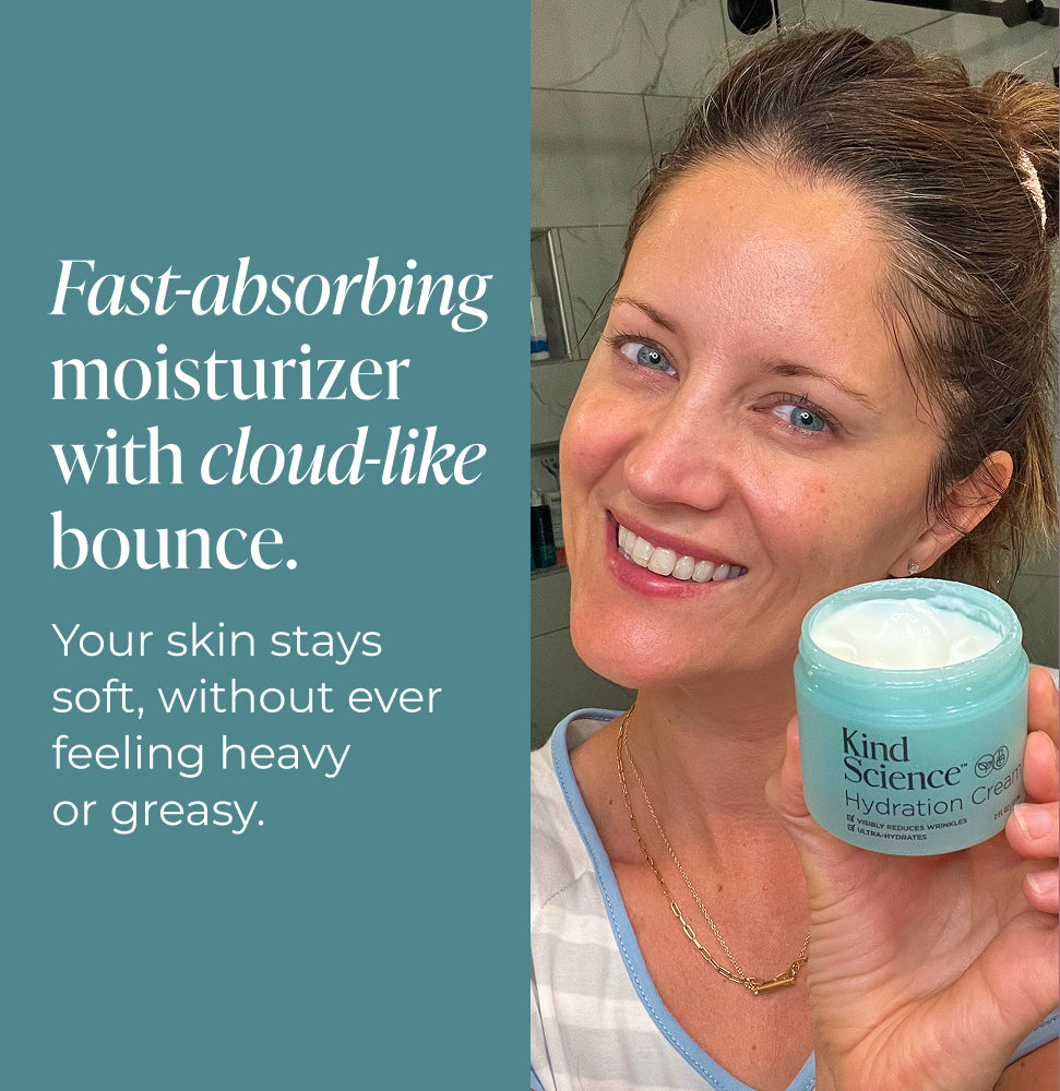 Woman holding a jar of Kind Science moisturizer with product description text on the left.