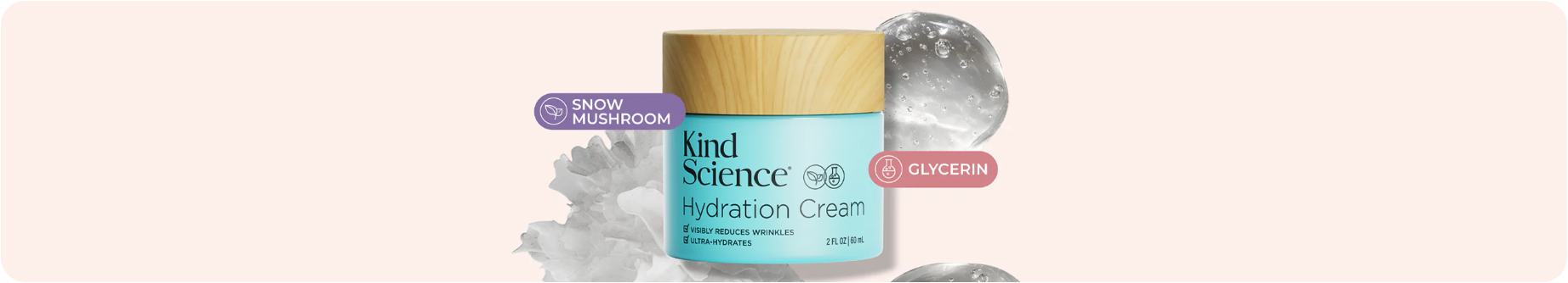 Hydration cream jar with packaging on a light pink background featuring Snow Mushroom and Glycerin ingredient images.