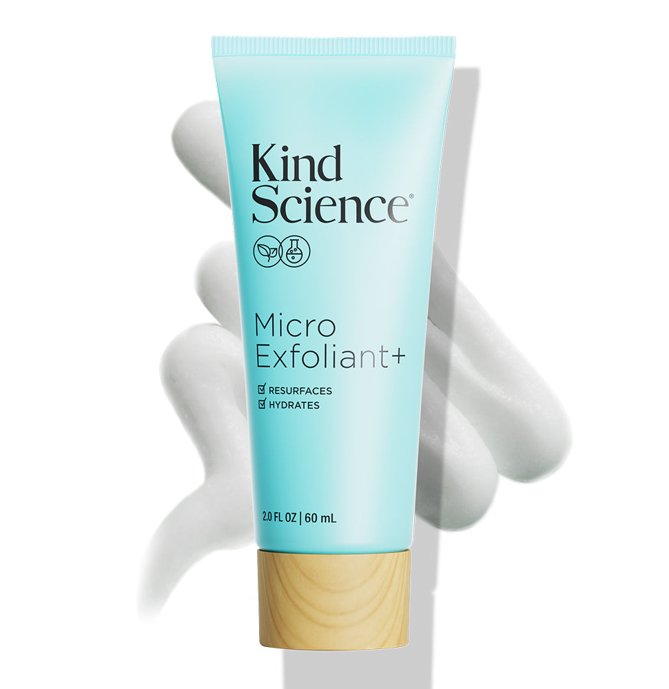 Kind Science Micro Exfoliant+ tube on a white background with a product swatch