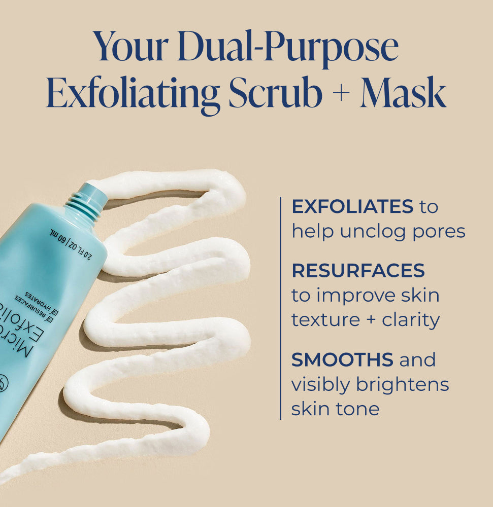 Micro Exfoliant+ swatch with text on a beige background