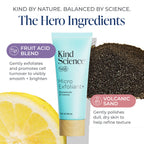 Kind Science Micro Exfoliant+ with lemon, volcanic sand, and text about ingredients on a white background