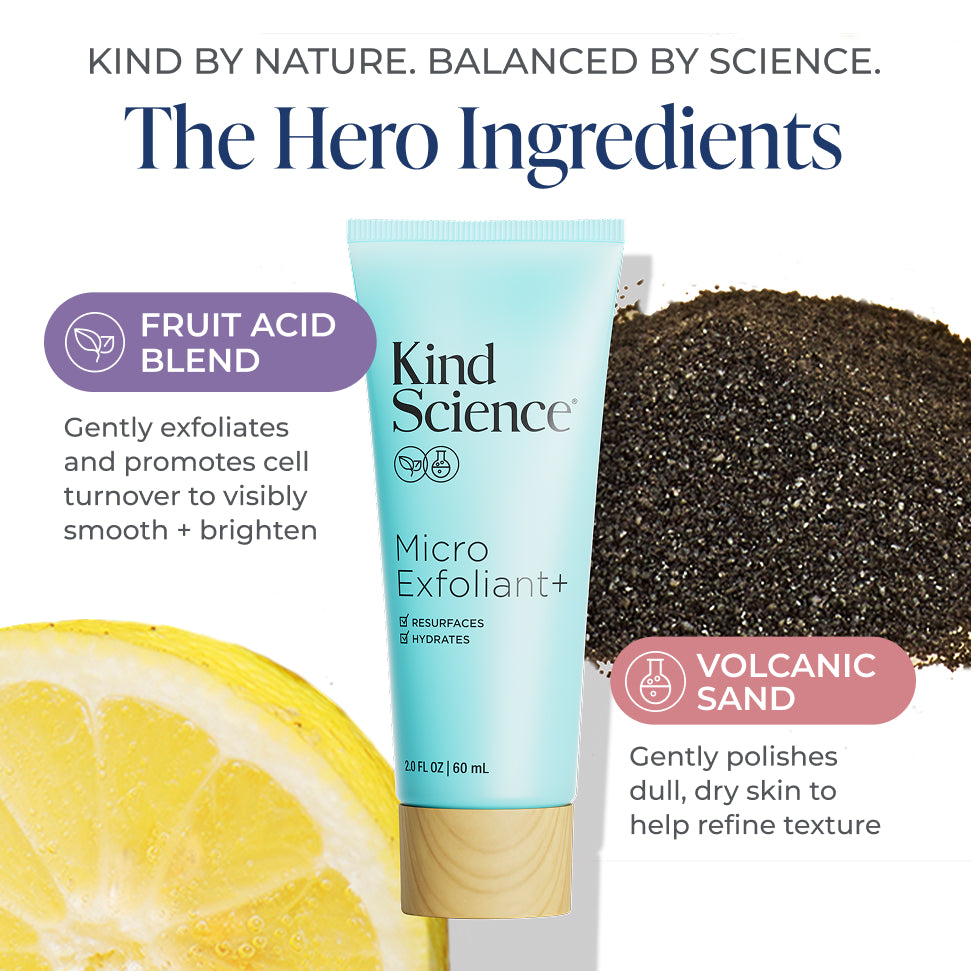 Kind Science Micro Exfoliant+ with lemon, volcanic sand, and text about ingredients on a white background