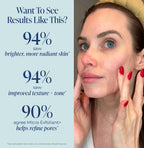 Woman touching her face with text on the left about skincare results