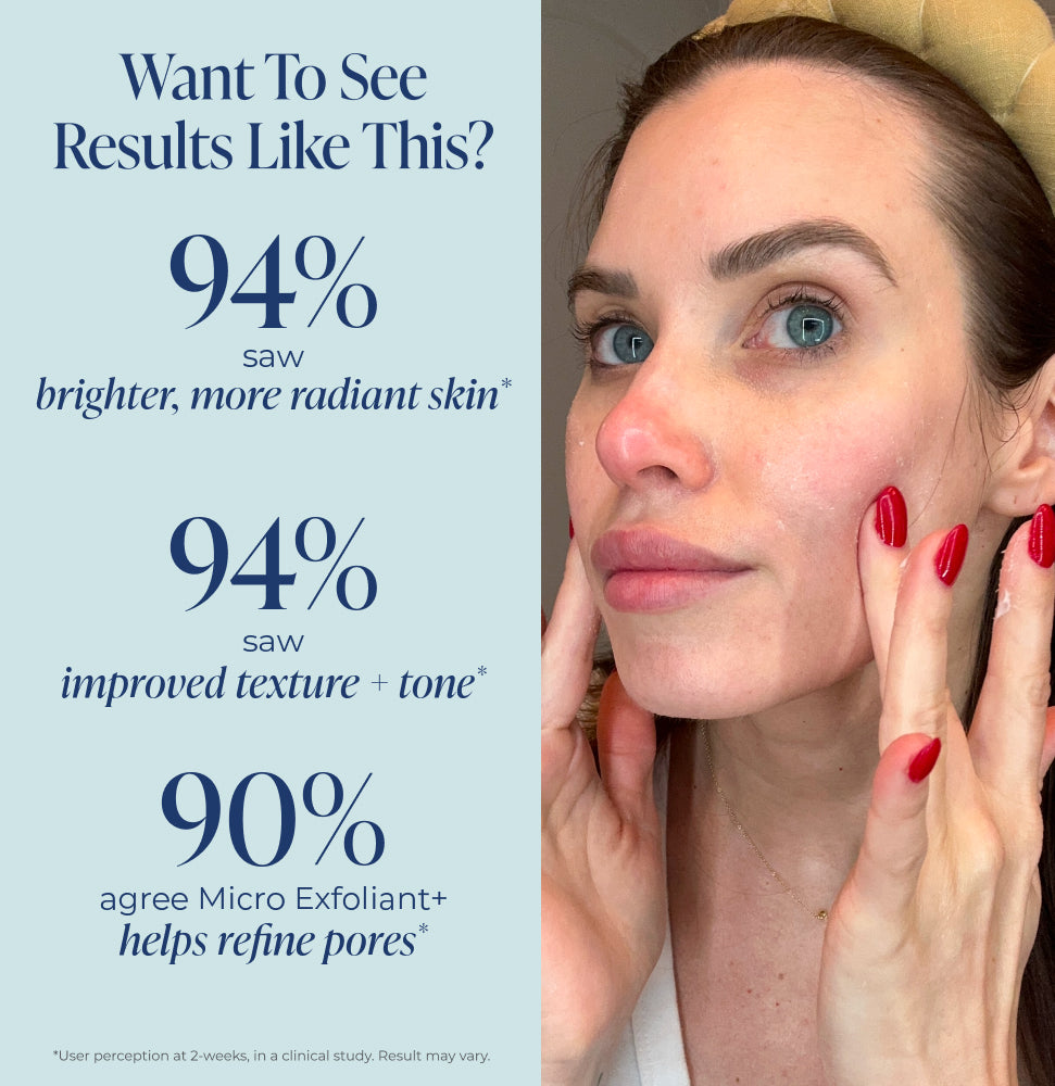 Woman touching her face with text on the left about skincare results