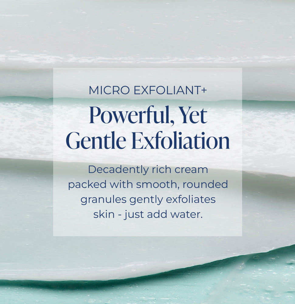 Micro Exfoliant+ packaging with text on a light blue background