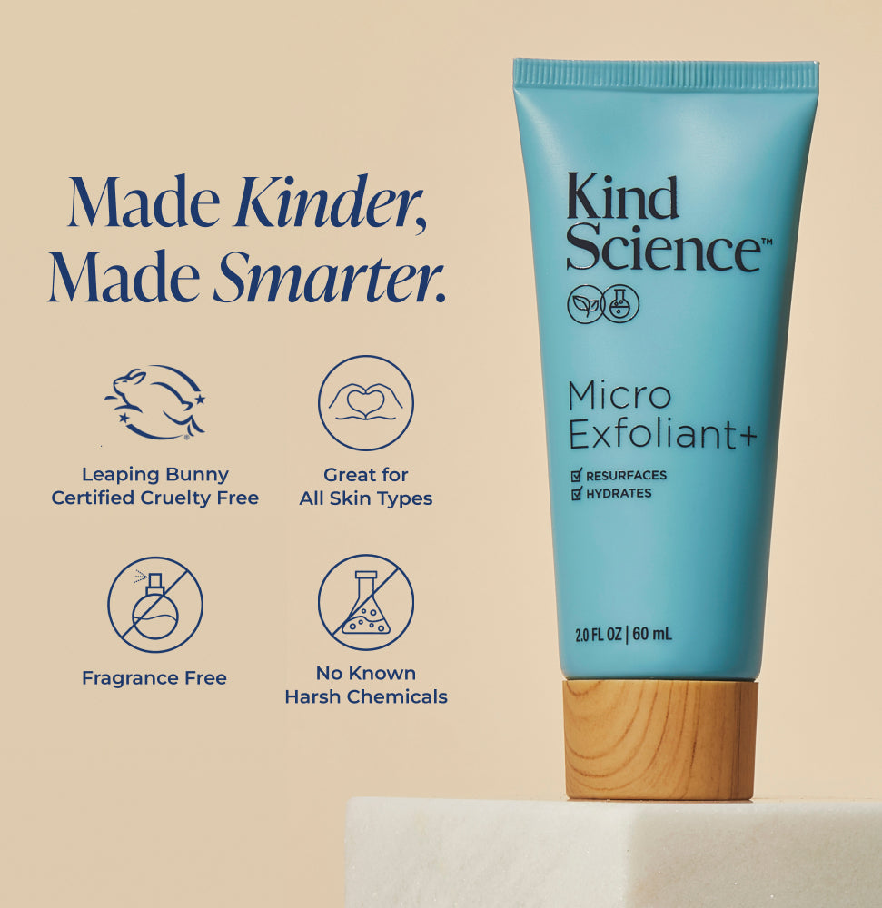 Kind Science Micro Exfoliant+ tube with product features on a beige background