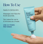 Kind Science micro exfoliant tube being applied to a hand with instructions on a light blue background