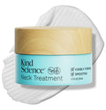 Kind Science neck treatment jar with a wooden cap on a white background with a swatch of the product