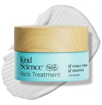 Kind Science neck treatment jar with a wooden cap on a white background with a swatch of the product
