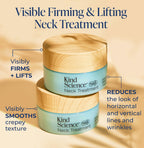 Two jars of Kind Science Neck Treatment on a beige background with text highlighting benefits.