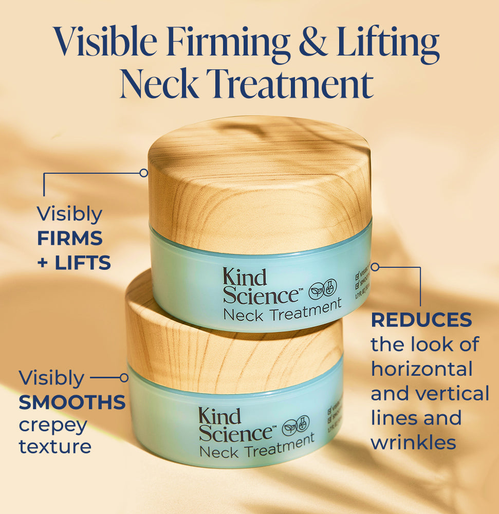Two jars of Kind Science Neck Treatment on a beige background with text highlighting benefits.