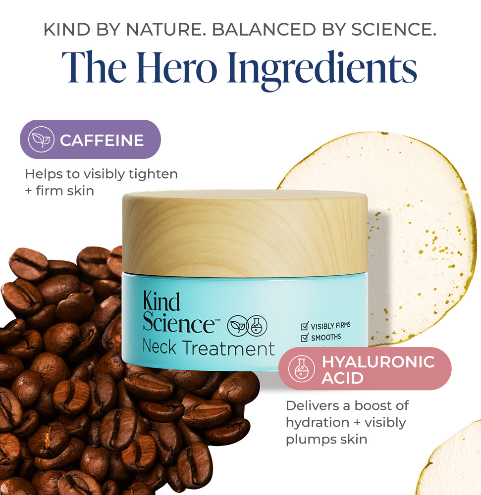 Kind Science neck treatment jar with coffee beans featuring caffeine and hyaluronic acid.