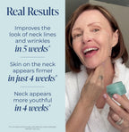 Woman applying neck cream with product benefits text on the side