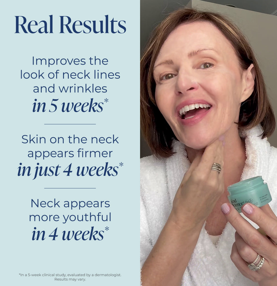 Woman applying neck cream with product benefits text on the side