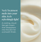 Neck treatment product swatch with text describing its refreshing light texture and smooth finish.