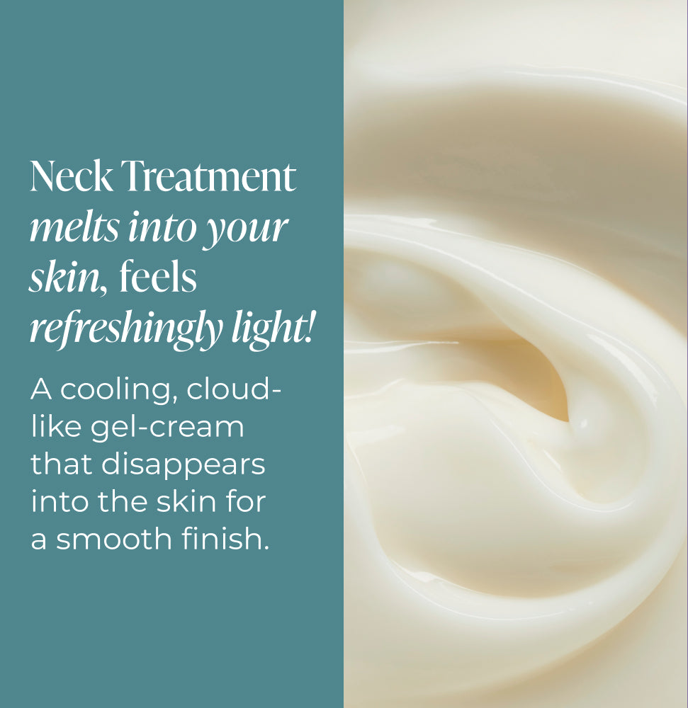 Neck treatment product swatch with text describing its refreshing light texture and smooth finish.