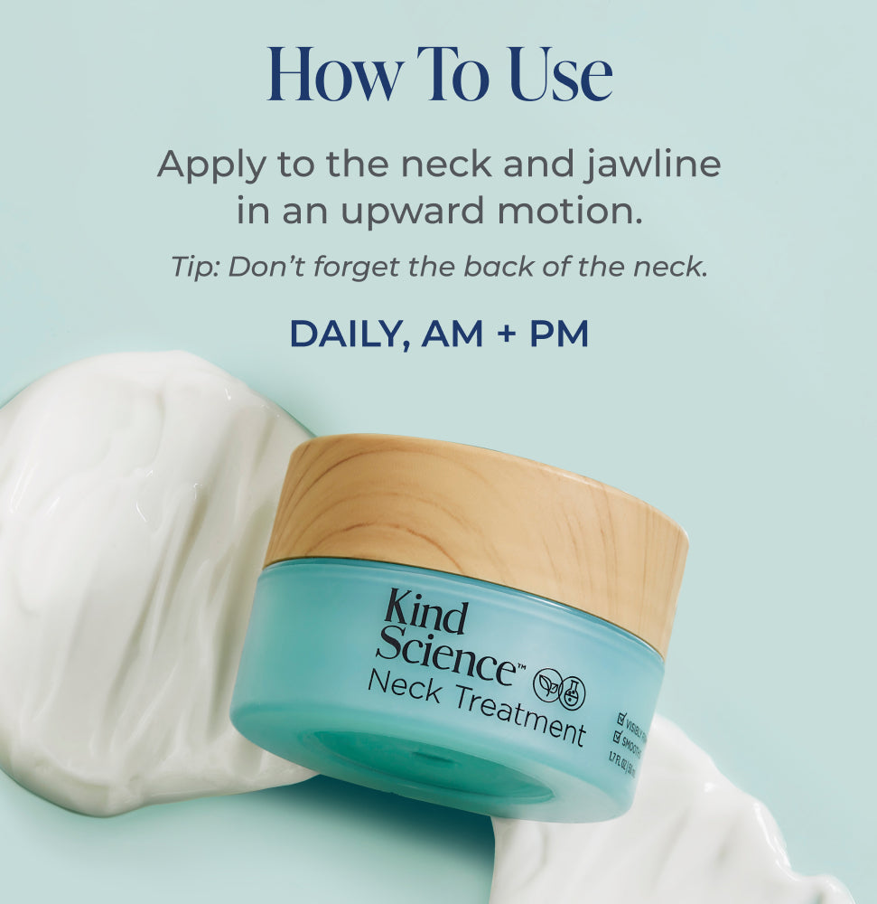 Kind Science neck treatment jar with application instructions on a light blue background with a swatch of the product