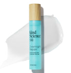 Kind Science Overnight Repair skincare product with a wooden cap with a swatch of the product