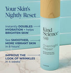 Kind Science Overnight Repair skincare bottle with product benefits text on a marble surface and blue gradient background